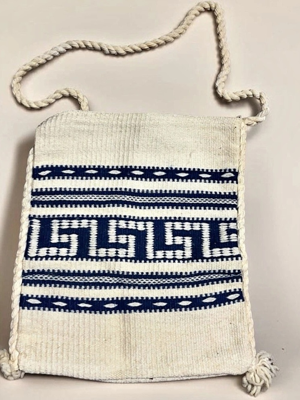 Authentic Tagari Woven Geometric Crossbody Bag in White & Blue